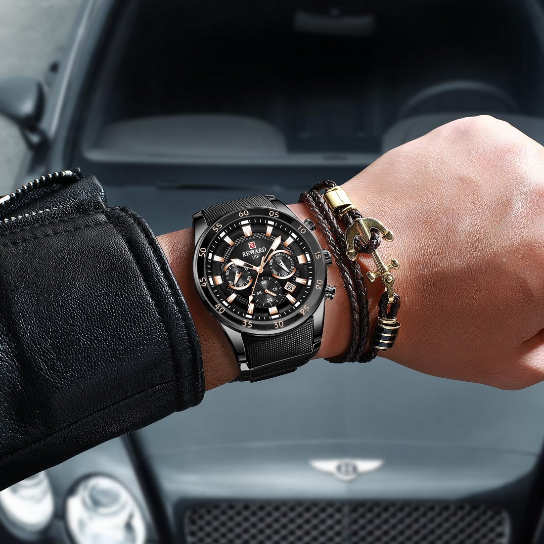 REWARD RD81011M-E Men's Luxury Chronograph Quartz Watch Blue Dial Two-Tone Steel Band - Image 6